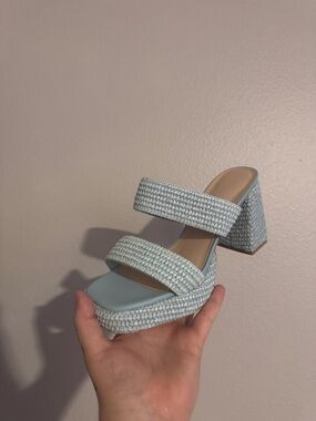 Light Blue Woven Block Heel Slide Sandals - Women